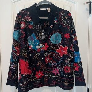 Vintage 100% silk Laura Ashlea 
button-down jacket embroidered flowers Size L
